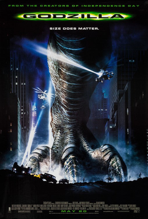 Movie poster for 'Godzilla' featuring a giant monster in an urban setting.