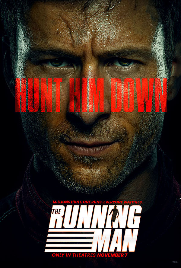 Movie poster for 'The Running Man' with a close-up of a man's face and text.