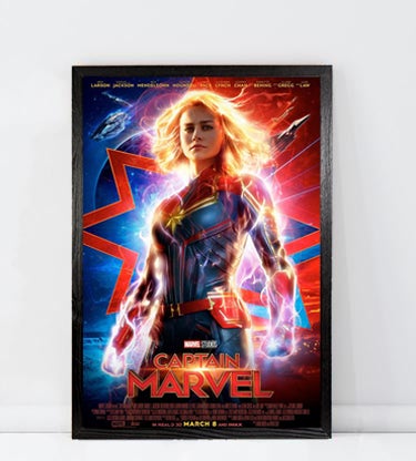 A framed movie poster with plexiglass protection showing the film Captain Marvel.