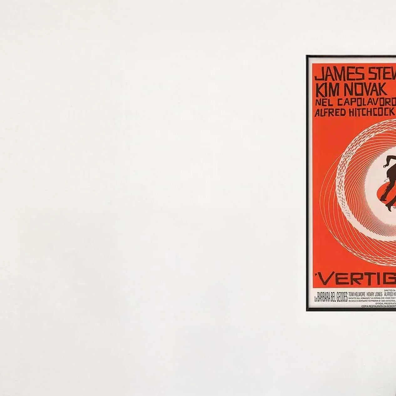 Original, framed movie poster for the film Vertigo on a light background.