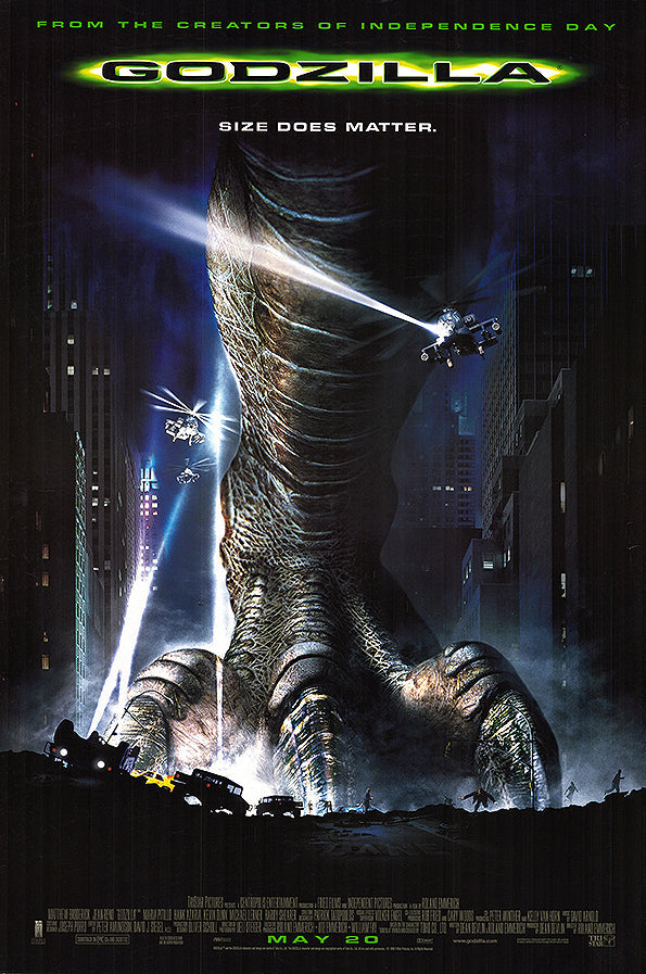 Movie poster for 'Godzilla' featuring a giant monster in an urban setting with text about the movie's creators and release date.