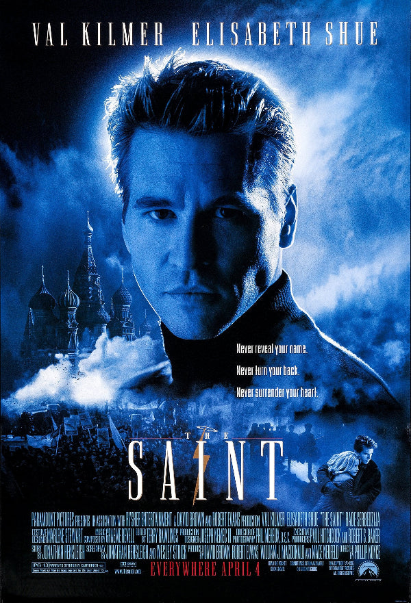 Movie poster for 'Saint' featuring a man with a blue overlay and cityscape in the background.