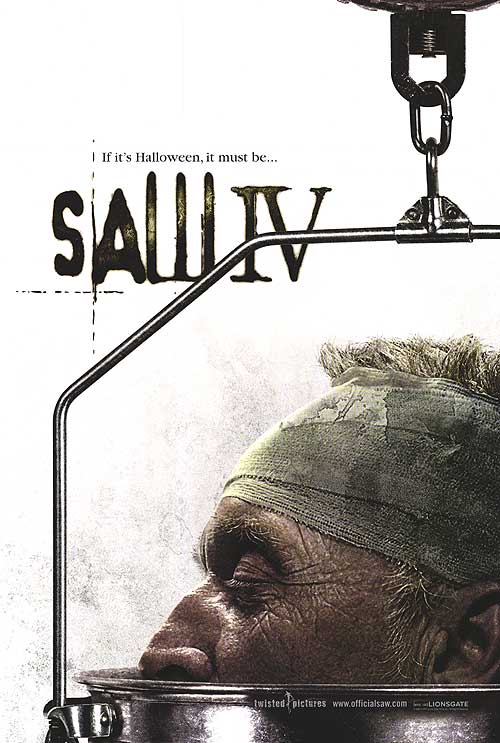 This image features a doublesided movie poster for the film Saw IV, released in 2007. The poster prominently displays a intense and grim scene, with a character bound and gagged, adding a layer of tension and cruelty that reflects the movie’s dark theme.