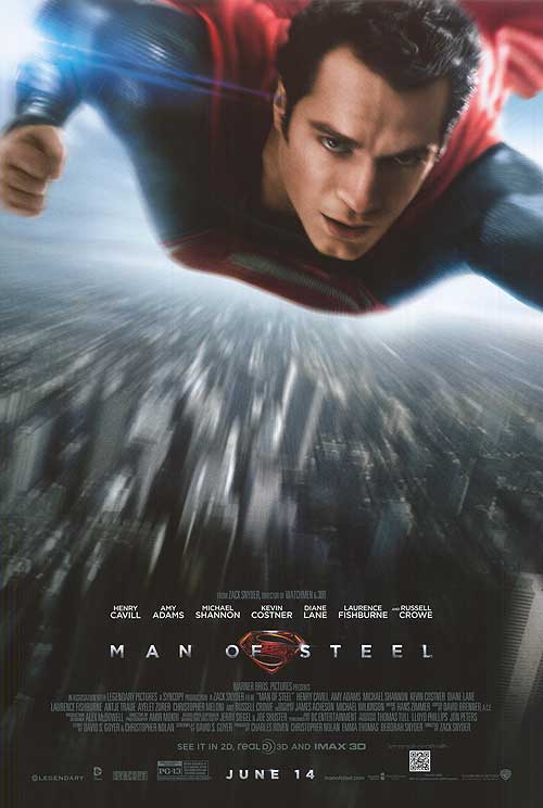 This image features a striking movie poster for "Man of Steel," released in 2013. The poster prominently displays the title character, Superman, in a dynamic pose with a backdrop of a blurred cityscape, emphasizing his superhuman speed and agility.