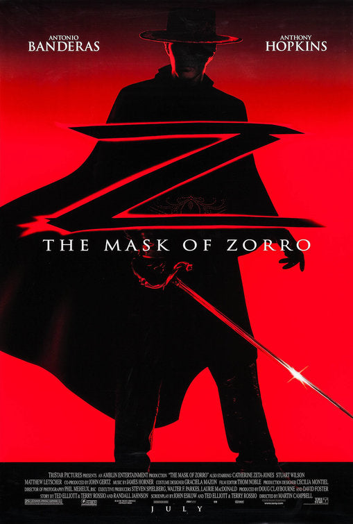 This image features a striking movie poster for "The Mask of Zorro," originally released in 1998. The poster vividly displays a silhouette of the title character, Zorro, dressed in his iconic black attire and holding a sword, set against a bold, red background.